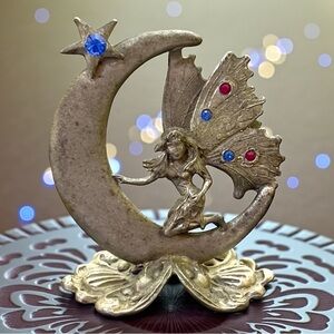 Vintage Comstock CCI Fairy on Crescent Moon Figurine • Rhinestone Accents